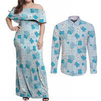 Hawaii Anthurium Tiare Pikake Lei Couples Matching Off Shoulder Maxi Dress and Long Sleeve Button Shirt UliUli Lauhala Art Pattern