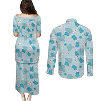 Hawaii Anthurium Tiare Pikake Lei Couples Matching Puletasi and Long Sleeve Button Shirt UliUli Lauhala Art Pattern