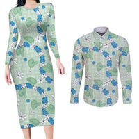 Hawaii Anthurium Tiare Pikake Lei Couples Matching Long Sleeve Bodycon Dress and Long Sleeve Button Shirt Omaomao Lauhala Art Pattern