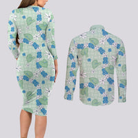 Hawaii Anthurium Tiare Pikake Lei Couples Matching Long Sleeve Bodycon Dress and Long Sleeve Button Shirt Omaomao Lauhala Art Pattern