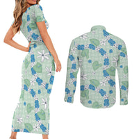 Hawaii Anthurium Tiare Pikake Lei Couples Matching Short Sleeve Bodycon Dress and Long Sleeve Button Shirt Omaomao Lauhala Art Pattern
