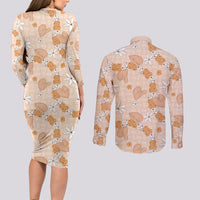 Hawaii Anthurium Tiare Pikake Lei Couples Matching Long Sleeve Bodycon Dress and Long Sleeve Button Shirt Alani Lauhala Art Pattern