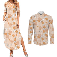 Hawaii Anthurium Tiare Pikake Lei Couples Matching Summer Maxi Dress and Long Sleeve Button Shirt Alani Lauhala Art Pattern