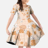 Hawaii Anthurium Tiare Pikake Lei Family Matching Off The Shoulder Long Sleeve Dress and Hawaiian Shirt Alani Lauhala Art Pattern LT01 Daughter's Dress Orange - Polynesian Pride
