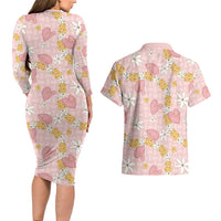 Hawaii Anthurium Tiare Pikake Lei Couples Matching Long Sleeve Bodycon Dress and Hawaiian Shirt Akala Lauhala Art Pattern