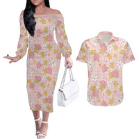 Hawaii Anthurium Tiare Pikake Lei Couples Matching Off The Shoulder Long Sleeve Dress and Hawaiian Shirt Akala Lauhala Art Pattern