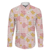 Hawaii Anthurium Tiare Pikake Lei Family Matching Off Shoulder Short Dress and Hawaiian Shirt Akala Lauhala Art Pattern LT01 Dad's Shirt - Long Sleeve Pink - Polynesian Pride