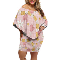 Hawaii Anthurium Tiare Pikake Lei Off Shoulder Short Dress Akala Lauhala Art Pattern