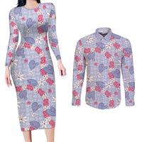 Hawaii Anthurium Tiare Pikake Lei Couples Matching Long Sleeve Bodycon Dress and Long Sleeve Button Shirt Poni Lauhala Art Pattern