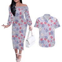 Hawaii Anthurium Tiare Pikake Lei Couples Matching Off The Shoulder Long Sleeve Dress and Hawaiian Shirt Poni Lauhala Art Pattern