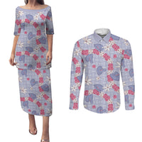 Hawaii Anthurium Tiare Pikake Lei Couples Matching Puletasi and Long Sleeve Button Shirt Poni Lauhala Art Pattern