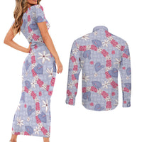 Hawaii Anthurium Tiare Pikake Lei Couples Matching Short Sleeve Bodycon Dress and Long Sleeve Button Shirt Poni Lauhala Art Pattern