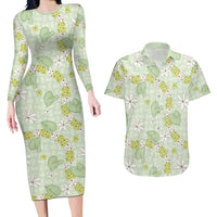Hawaii Anthurium Tiare Pikake Lei Couples Matching Long Sleeve Bodycon Dress and Hawaiian Shirt Sage Green Lauhala Art Pattern