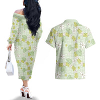 Hawaii Anthurium Tiare Pikake Lei Couples Matching Off The Shoulder Long Sleeve Dress and Hawaiian Shirt Sage Green Lauhala Art Pattern