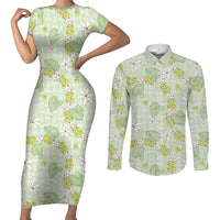 Hawaii Anthurium Tiare Pikake Lei Couples Matching Short Sleeve Bodycon Dress and Long Sleeve Button Shirt Sage Green Lauhala Art Pattern