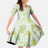 Hawaii Anthurium Tiare Pikake Lei Family Matching Mermaid Dress and Hawaiian Shirt Sage Green Lauhala Art Pattern LT01 Daughter's Dress Green - Polynesian Pride