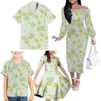 Hawaii Anthurium Tiare Pikake Lei Family Matching Off The Shoulder Long Sleeve Dress and Hawaiian Shirt Sage Green Lauhala Art Pattern LT01 - Polynesian Pride