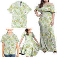 Hawaii Anthurium Tiare Pikake Lei Family Matching Off Shoulder Maxi Dress and Hawaiian Shirt Sage Green Lauhala Art Pattern LT01 - Polynesian Pride
