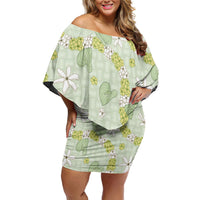 Hawaii Anthurium Tiare Pikake Lei Family Matching Off Shoulder Short Dress and Hawaiian Shirt Sage Green Lauhala Art Pattern LT01 Mom's Dress Green - Polynesian Pride
