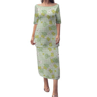 Hawaii Anthurium Tiare Pikake Lei Family Matching Puletasi and Hawaiian Shirt Sage Green Lauhala Art Pattern