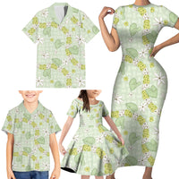 Hawaii Anthurium Tiare Pikake Lei Family Matching Short Sleeve Bodycon Dress and Hawaiian Shirt Sage Green Lauhala Art Pattern LT01 - Polynesian Pride