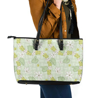 Hawaii Anthurium Tiare Pikake Lei Leather Tote Bag Sage Green Lauhala Art Pattern