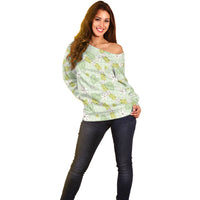 Hawaii Anthurium Tiare Pikake Lei Off Shoulder Sweater Sage Green Lauhala Art Pattern