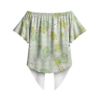 Hawaii Anthurium Tiare Pikake Lei Off Shoulder Wrap Waist Top Sage Green Lauhala Art Pattern LT01 - Polynesian Pride