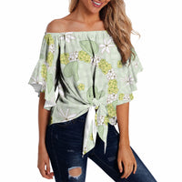 Hawaii Anthurium Tiare Pikake Lei Off Shoulder Wrap Waist Top Sage Green Lauhala Art Pattern LT01 - Polynesian Pride