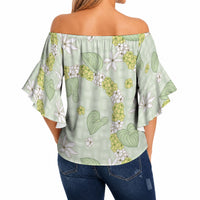Hawaii Anthurium Tiare Pikake Lei Off Shoulder Wrap Waist Top Sage Green Lauhala Art Pattern LT01 - Polynesian Pride