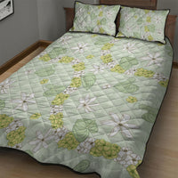 Hawaii Anthurium Tiare Pikake Lei Quilt Bed Set Sage Green Lauhala Art Pattern