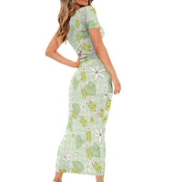 Hawaii Anthurium Tiare Pikake Lei Short Sleeve Bodycon Dress Sage Green Lauhala Art Pattern