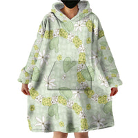 Hawaii Anthurium Tiare Pikake Lei Wearable Blanket Hoodie Sage Green Lauhala Art Pattern