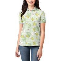 Hawaii Anthurium Tiare Pikake Lei Women Polo Shirt Sage Green Lauhala Art Pattern