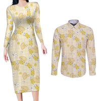 Hawaii Anthurium Tiare Pikake Lei Couples Matching Long Sleeve Bodycon Dress and Long Sleeve Button Shirt Melemele Lauhala Art Pattern