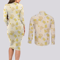 Hawaii Anthurium Tiare Pikake Lei Couples Matching Long Sleeve Bodycon Dress and Long Sleeve Button Shirt Melemele Lauhala Art Pattern