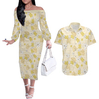 Hawaii Anthurium Tiare Pikake Lei Couples Matching Off The Shoulder Long Sleeve Dress and Hawaiian Shirt Melemele Lauhala Art Pattern