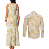 Hawaii Anthurium Tiare Pikake Lei Couples Matching Tank Maxi Dress and Long Sleeve Button Shirt Melemele Lauhala Art Pattern