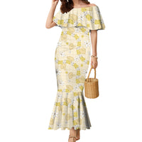 Hawaii Anthurium Tiare Pikake Lei Family Matching Mermaid Dress and Hawaiian Shirt Melemele Lauhala Art Pattern LT01 Mom's Dress Yellow - Polynesian Pride