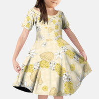Hawaii Anthurium Tiare Pikake Lei Family Matching Off The Shoulder Long Sleeve Dress and Hawaiian Shirt Melemele Lauhala Art Pattern LT01 Daughter's Dress Yellow - Polynesian Pride