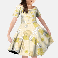 Hawaii Anthurium Tiare Pikake Lei Kid Short Sleeve Dress Melemele Lauhala Art Pattern