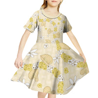 Hawaii Anthurium Tiare Pikake Lei Kid Short Sleeve Dress Melemele Lauhala Art Pattern