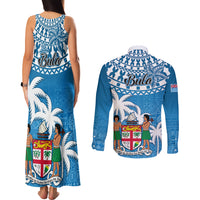 Fiji Couples Matching Tank Maxi Dress and Long Sleeve Button Shirts Bula Fijian Tapa Pattern LT01 - Polynesian Pride