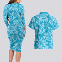 Tahiti Ninamu Tiare Floral Couples Matching Long Sleeve Bodycon Dress and Hawaiian Shirt Monstera Palm Tropical Leaves LT01 - Polynesian Pride