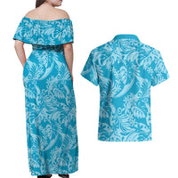 Tahiti Ninamu Tiare Floral Couples Matching Off Shoulder Maxi Dress and Hawaiian Shirt Monstera Palm Tropical Leaves LT01 - Polynesian Pride