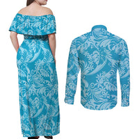 Tahiti Ninamu Tiare Floral Couples Matching Off Shoulder Maxi Dress and Long Sleeve Button Shirt Monstera Palm Tropical Leaves - Polynesian Pride