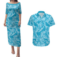 Tahiti Ninamu Tiare Floral Couples Matching Puletasi and Hawaiian Shirt Monstera Palm Tropical Leaves - Polynesian Pride