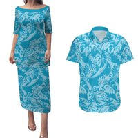 Tahiti Ninamu Tiare Floral Couples Matching Puletasi and Hawaiian Shirt Monstera Palm Tropical Leaves LT01 Blue - Polynesian Pride