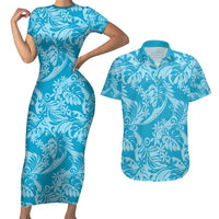 Tahiti Ninamu Tiare Floral Couples Matching Short Sleeve Bodycon Dress and Hawaiian Shirt Monstera Palm Tropical Leaves - Polynesian Pride