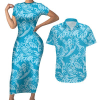 Tahiti Ninamu Tiare Floral Couples Matching Short Sleeve Bodycon Dress and Hawaiian Shirt Monstera Palm Tropical Leaves LT01 Blue - Polynesian Pride